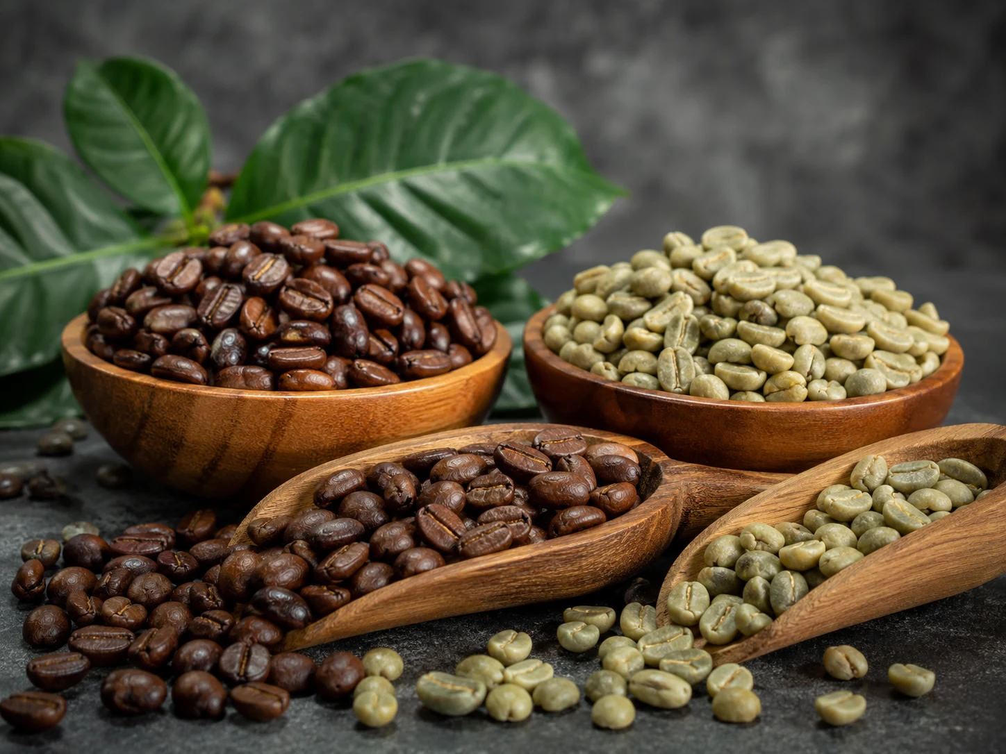 Arabica and Robusta coffee beans roasted and non roasted