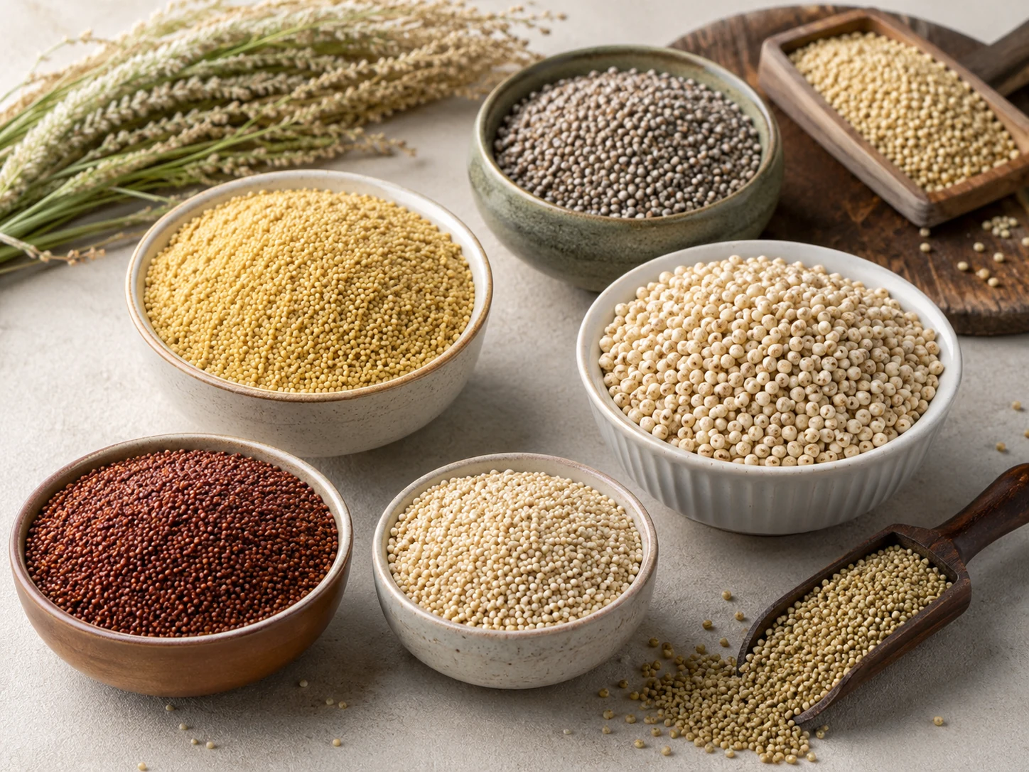 Indian millet varieties in bowls for export