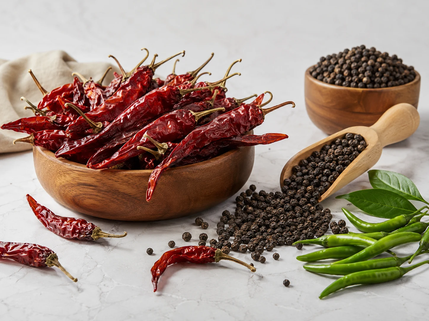 Green chilli dried red chilli red chilli powder and whole black pepper