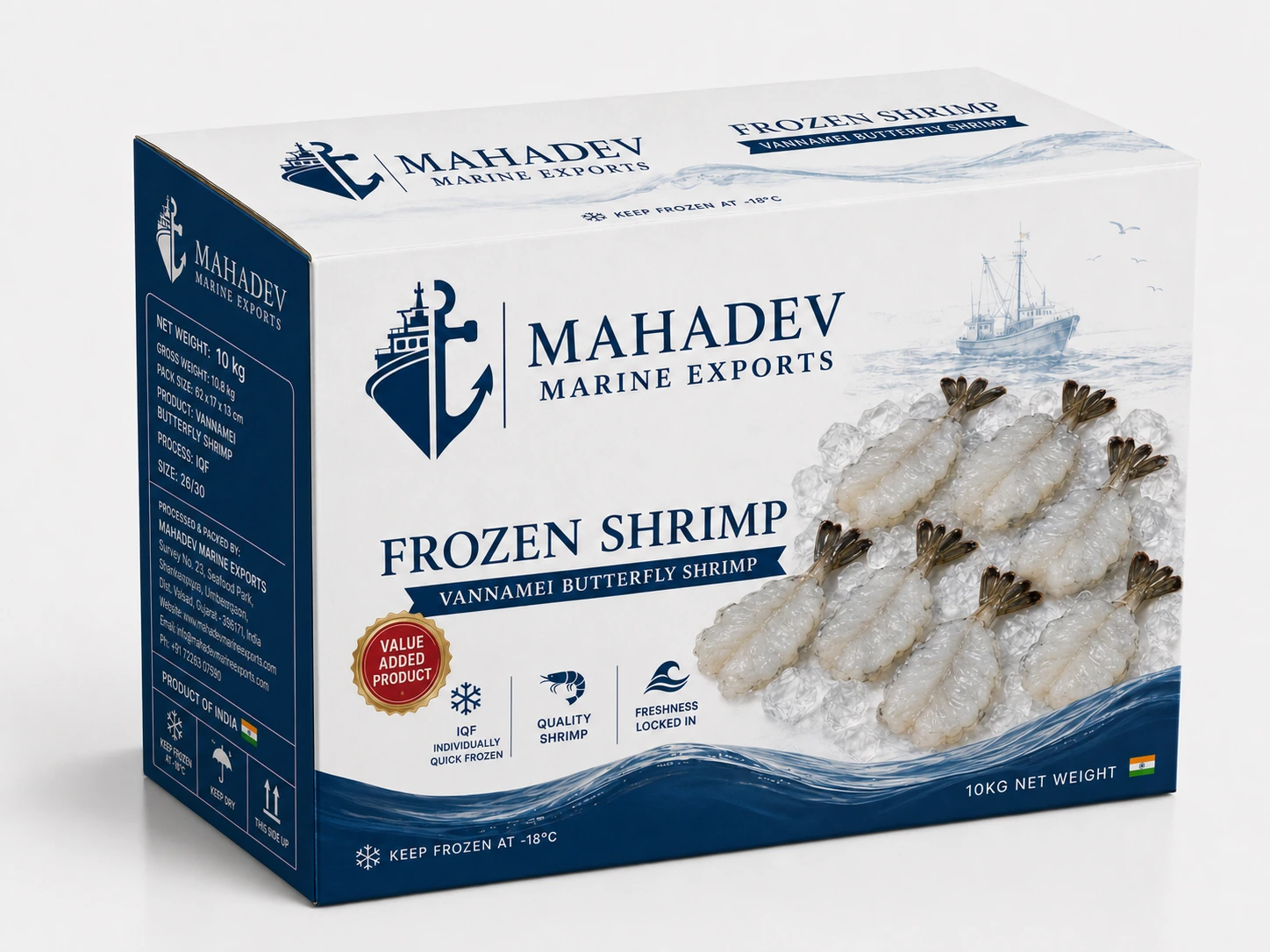 Mahadev Vannamei butterfly shrimp carton