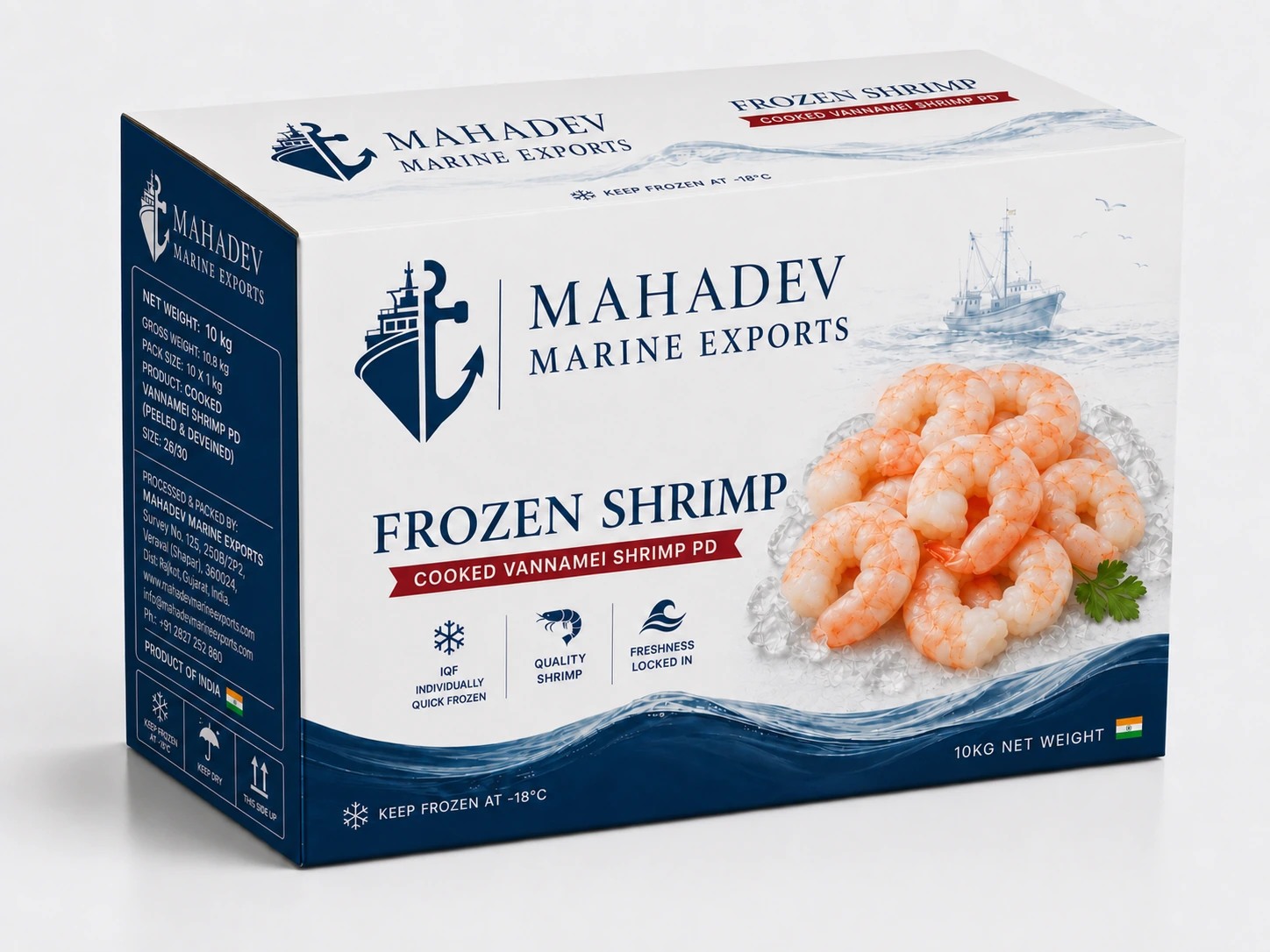 Mahadev cooked Vannamei shrimp PD carton