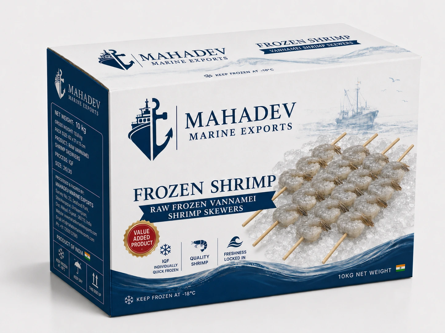 Mahadev raw frozen Vannamei shrimp skewers carton